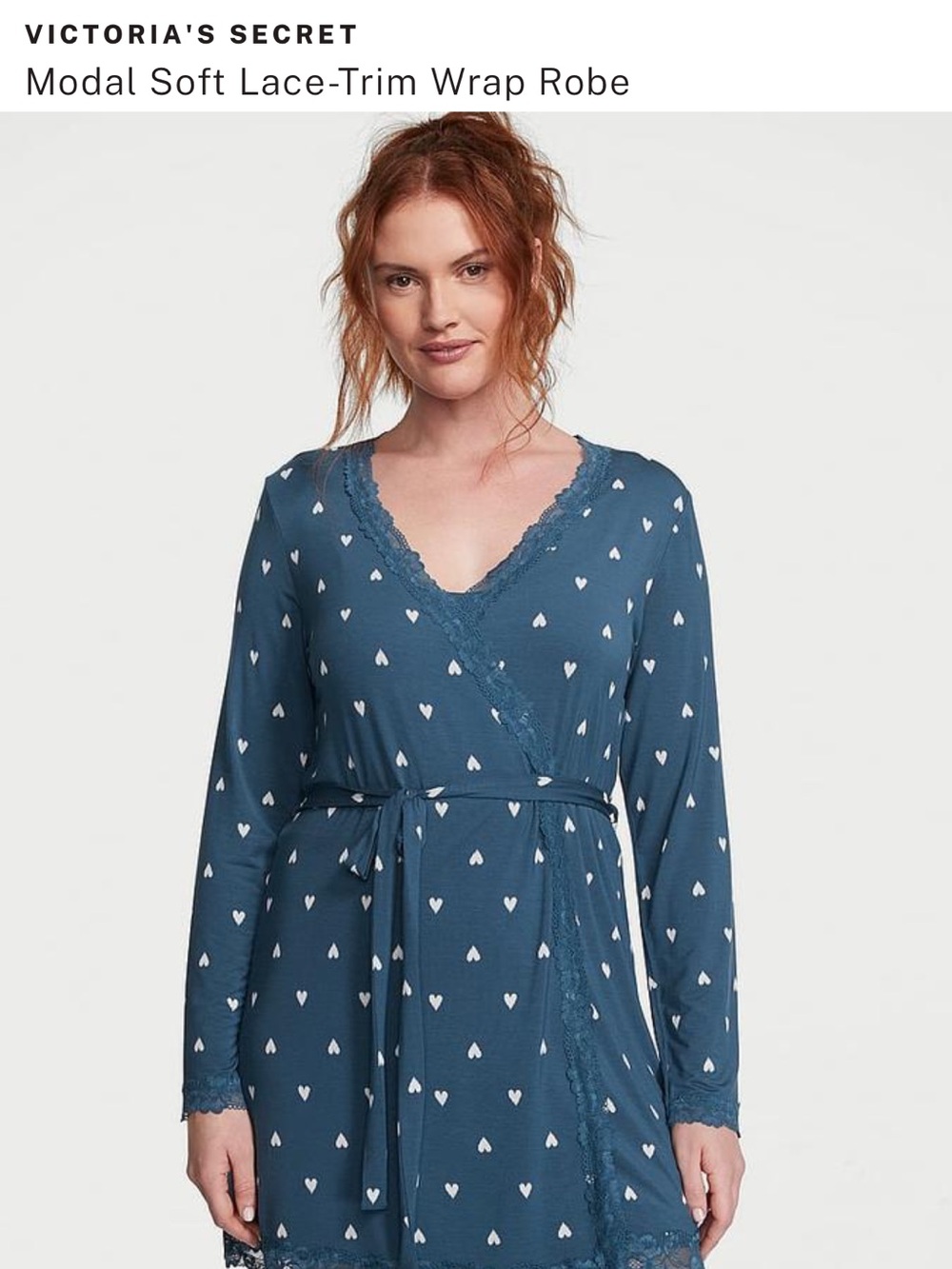 Victoria's Secret Slate Blue Heart-Print Modal Lace-Trim Robe